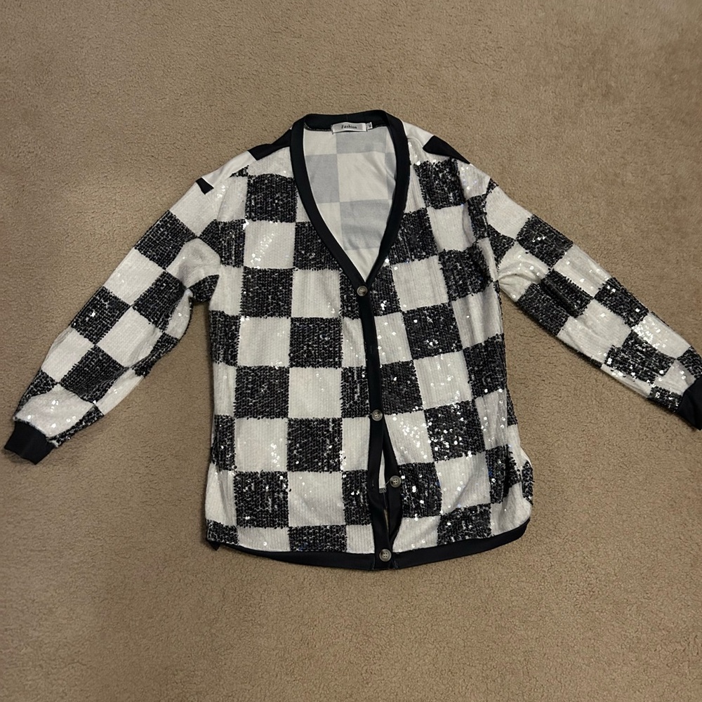 Black & White Check Sequin Cardigan Blazer